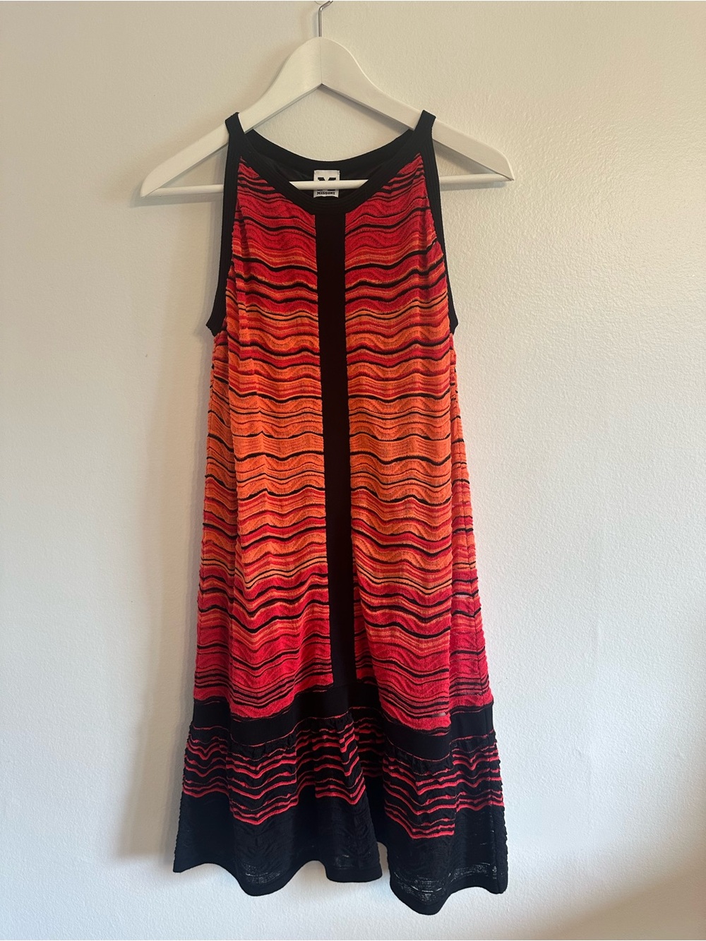 Missoni Sleeveless Wave-Pattern Maxi Dress in Red and Orange with Black Trim